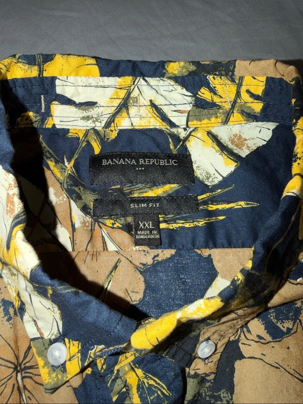 Banana Republic Navy Short-Sleeve Button-Down with Yellow & Brown Floral Print